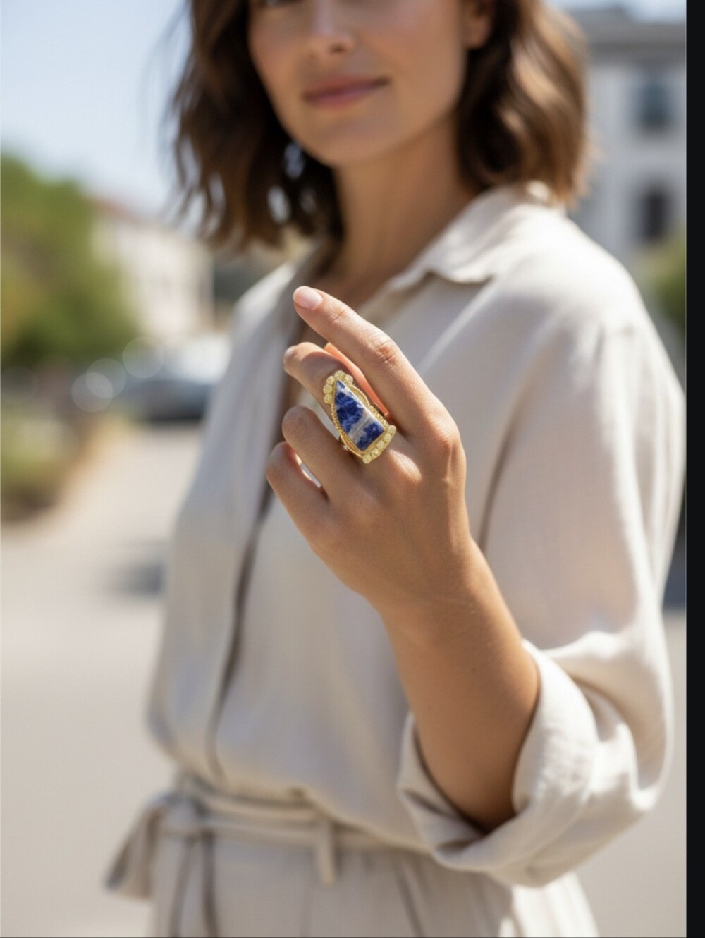Oversized 18k Gold Plated Artisan Cosmic Sodalite Stone Statement Ring - Picture 5 of 6
